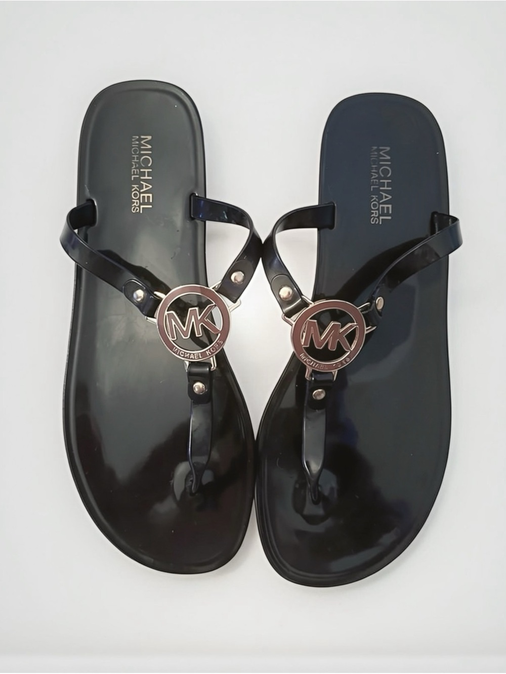 Michael Kors Black Gloss Logo Jelly Thong Sandals | Women’s Size 10